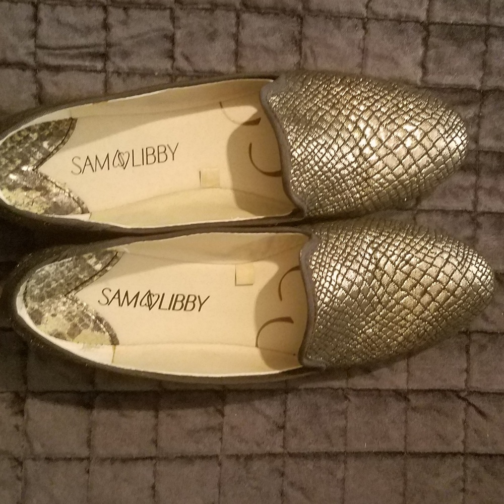 Sam & Libby gold and black flats Snake skin